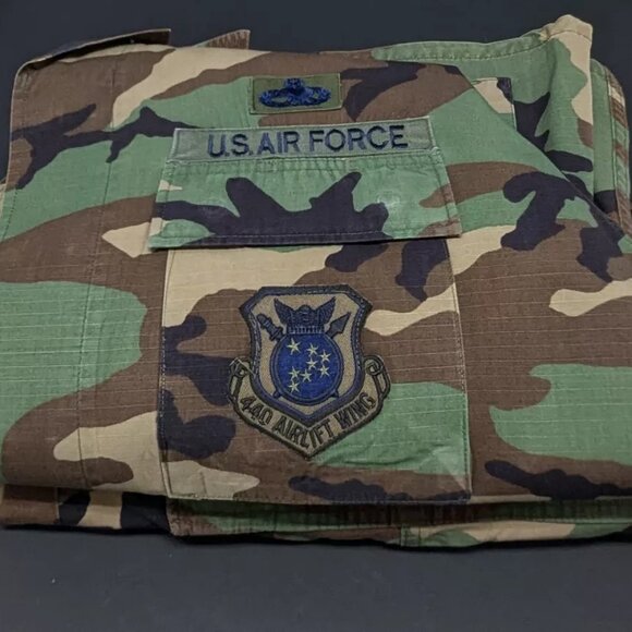AIR FORCE Hot Weather Coat Woodland Camo Combat Large Short Patches Pants Medium - Picture 1 of 8